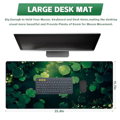 Baziabbo Green Desk Mat,XXL Extended Big Mouse Pad,Gaming Mousepad with Stitched Edge,Non-Slip Rubber Base Keyboard Desk Pad for Home Office Study Game - color: Pond Lotus Leaf