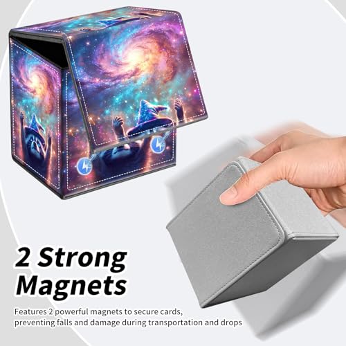 BVDIKMI Card Deck Box for Trading Cards, Card Storage Box Fits 100+ Single Sleeved Cards, PU Leather Strong Magnet Card Deck Case Holder for Magic Commander TCG CCG, Magical Raccoon - color: Magical Raccoon