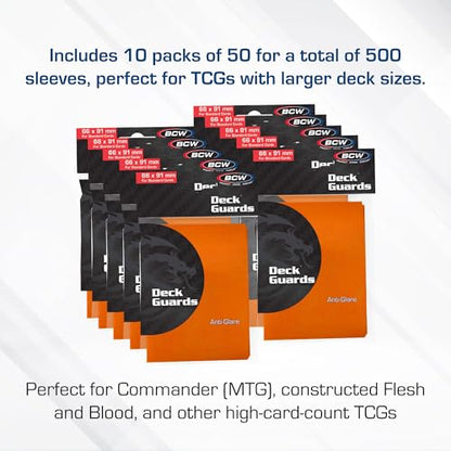 BCW Deck Guard - Double Matte Card Sleeves | 500 Count Box (10 Packs of 50 Sleeves) |Acid-Free, No PVC | Fits 2.5" x 3.5" Game Cards | Archival Safe Sleeves for Card Protection (Orange) - color: Orange