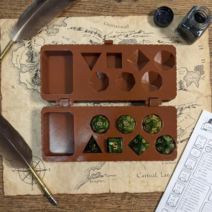 Portable D&D Dice and Miniature Storage Box with Bonus 7-Piece Glitter Green Polyhedral Dice Set - Hinged Lid with Secure Click Clasp (Third-Party RPG Accessory)