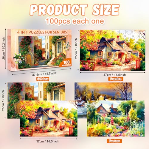 ZOiiWA 4 Pack 100 Pcs Dementia Puzzles for Elderly Country Life Dementia Alzheimers Products and Activities for Seniors Alzheimer’s Puzzles Memory Cognitive Games for Seniors Gift for Elderly Adults