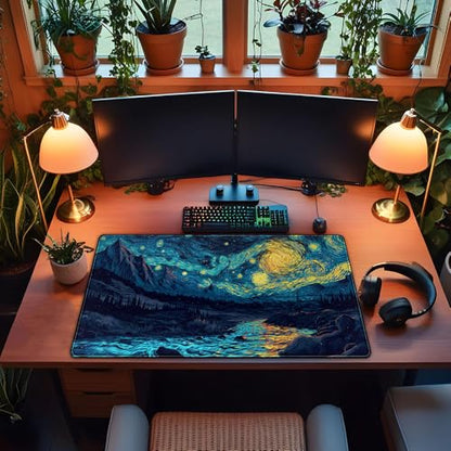 Misty Forest Desk Pad Mat Vincent Van Gogh XL Mouse Pad Gaming Playmat Large Mousepad XXL Desk Laptop Pad Equipped with Waterproof Storage Bag Non-Slip Stitched Edges (31.5x15.7 in) - color: D-blue Enchantress