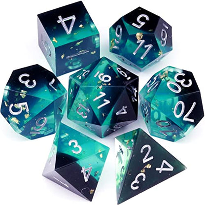 Haxtec Sharp Edge DND Dice Set, Gold Flakes Resin Polyhedral RPG Dice | Blue Black D&D for Table Games, Compatible with Dungeons and Dragons, Handmade 7-Die with Metal Case, MTG Gifts, War Series - color: Blue Black