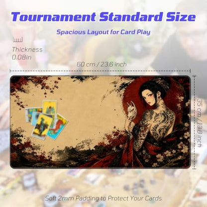 Kitsune Mask Woman MTG Playmat, Card Game Play Mat with Stitched Edges, Smooth Surface Board Game Trading Card Mat, Non-Slip Rubber Base Large Gaming Mouse Pad 24 x 14 Inch - color: Kitsune Mask Woman