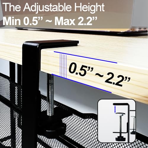 No Drill Under Desk Cable Management Tray with clamp-Premium Wire Tray Cord Organizer – Thin Steel Cable Tray Basket with Charger Holder for Desk–Black Cable Management Box–Easy to Install