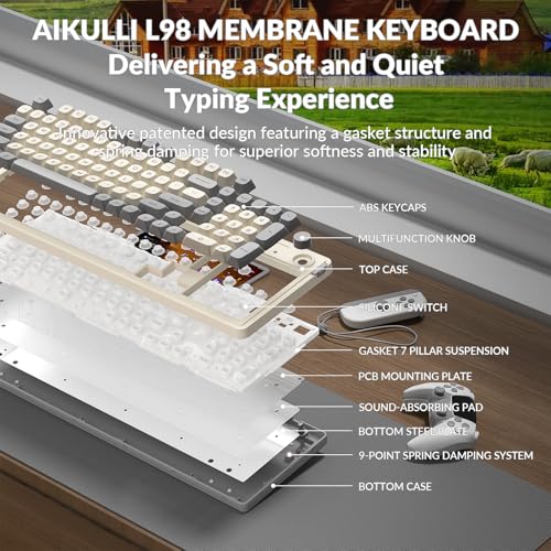 L98 Gaming Keyboard Wired, Cute Creamy Keyboard with Number Pad, Media Knob RGB Backlit, Quiet Office Computer Keyboards for PC Mac Laptop (Creamy Gray - Wired)