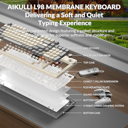 L98 Gaming Keyboard Wired, Cute Creamy Keyboard with Number Pad, Media Knob RGB Backlit, Quiet Office Computer Keyboards for PC Mac Laptop (Creamy Gray - Wired)