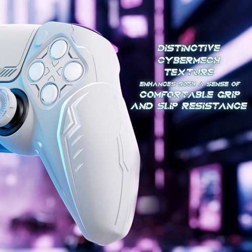 PlayVital Silicone Skin Set for PS5 Controller - Charging Dock Compatible, Full Protection Case with Futuristic CyberMech Design, Soft Cover with Thumb Grips & Stickers - White - color: White