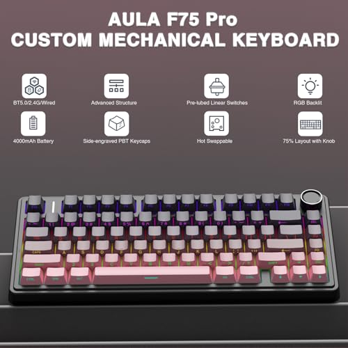 AULA F75 Pro Wireless Mechanical Keyboard,75% Hot Swappable Custom Keyboard,RGB Backlit,Pre-lubed Reaper Switches,Side Printed PBT Keycaps Mechanical Gaming Keyboards, Pink&Black - color: F75 Pro-Gradient Pink Black