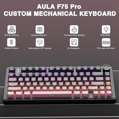 AULA F75 Pro Wireless Mechanical Keyboard,75% Hot Swappable Custom Keyboard,RGB Backlit,Pre-lubed Reaper Switches,Side Printed PBT Keycaps Mechanical Gaming Keyboards, Pink&Black - color: F75 Pro-Gradient Pink Black