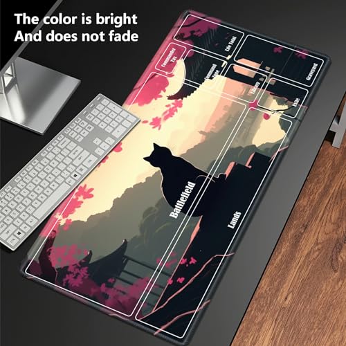 Board Game Mat TCG Playmat Plus 50 Pcs Card Sleeves, 24 x 14 inches Table Mats Games Mousepad with Zones Smooth Surface for MTG RPG CCG Trading Card Game Play Mats, Black Cat Landscape - color: Black Cat Landscape, size: Zone 1