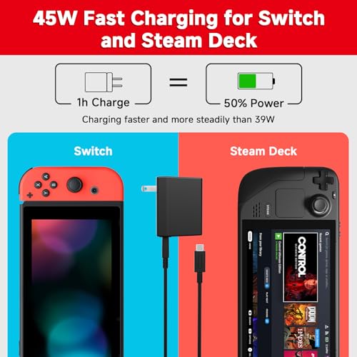 Charger for Nintendo Switch, 45W AC Adapter Fast Charging with 5ft Detachable USB C Cable, Compatible with Switch/OLED/Lite, Steam Deck, Support TV Mode, Original Quality - size: 5FT