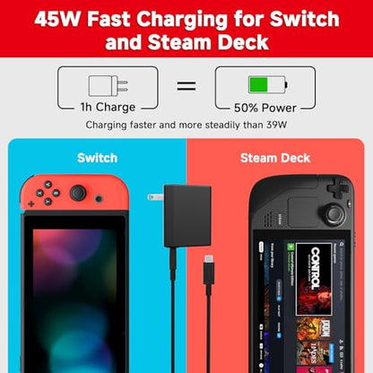 2-Pack Charger for Nintendo Switch, 45W AC Adapter Fast Charging with 2-Pack 10ft Detachable USB C Cable, Compatible with Switch/OLED/Lite, Steam Deck, Support TV Mode, Original Quality - size: 2Pack 10FT