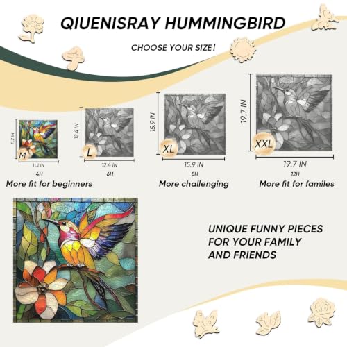 Qiuenisray Wooden Puzzle 200 Piece, Stained Glass Hummingbird Jigsaw Puzzle | Wood Puzzle for Adults Mom Grandmother, FSC Certified Unique Animal Shape Wood Puzzles, Bird Jigsaw Puzzles 11.2x11.2 in - color: Flower Bird, size: 200pcs
