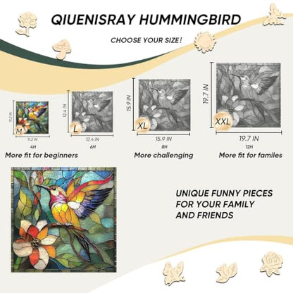 Qiuenisray Wooden Puzzle 200 Piece, Stained Glass Hummingbird Jigsaw Puzzle | Wood Puzzle for Adults Mom Grandmother, FSC Certified Unique Animal Shape Wood Puzzles, Bird Jigsaw Puzzles 11.2x11.2 in - color: Flower Bird, size: 200pcs