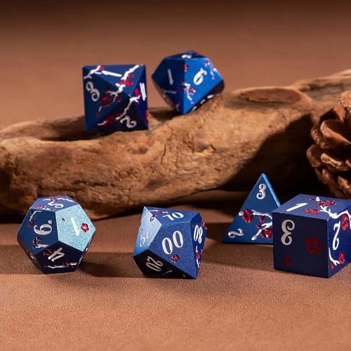 UDIXI Metal Dice Set D&D, 7PCS Flower Metal DND Dice Set Blue for RPG | Red Flower, Metal Case Packaging, Heavy Metal Dice, D&D Gift, for Dungeons and Dragons Role Playing Games Tabletop Games - color: Blue-white