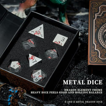 Metal Dragon DND Dice Set,7-Piece Polyhedral Dice,Silver Red | Heavy zinc alloy polyhedral dragon dice with easy-to-read numbers and a magnetic gift box for fantasy tabletop RPG games. - color: Matte Silver With Red