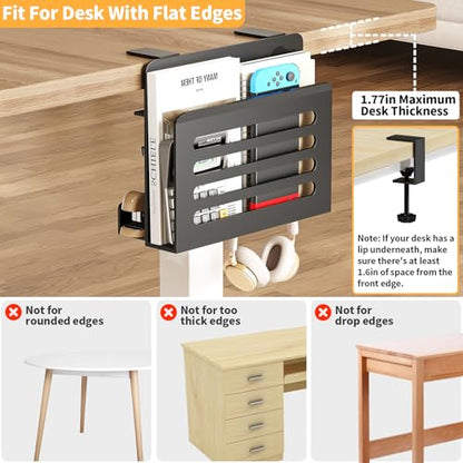 Space Saving Desk Side Storage No Drilling Under Desk Laptop Holder with Headphone Holder Cable Management Tray Carbon Steel Clamp Desk Storage Shelf Anti-Slip Magazine Holder for Home Office