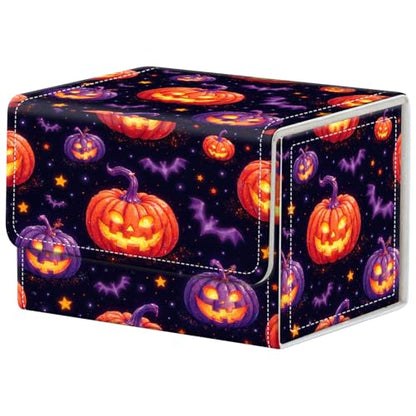 Pumpkins and Bats Deck Box for MTG Commander | Holds 100+ Double-Sleeved Cards | Strong Magnetic TCG Card Case for Collectible Games - color: Pumpkins and Bats