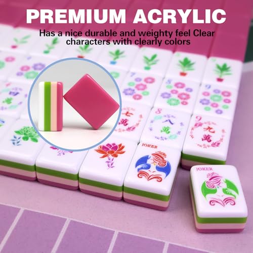 American Mahjong Game Set, Portable Carrying Bag,Acrylic 160 Tiles,Western Mahjong Tiles Set,Complete Ma Jong Set (Pink) - color: Pink