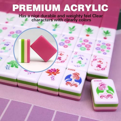 American Mahjong Game Set, Portable Carrying Bag,Acrylic 160 Tiles,Western Mahjong Tiles Set,Complete Ma Jong Set (Pink) - color: Pink