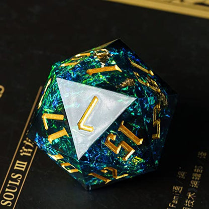 Cusdie Single D20 DND Dice with Sharp Edges and Glitter Foil Inclusions, 20 Sided D&D Dice, 33mm Handcrafted Polyhedral Dice, for Role Playing Game (Blue) - color: Blue