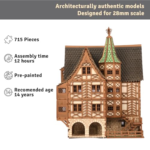 The Tavern - Medieval House (Crooked Elbow) DIY Wooden House Building Kit -715PCS; 12hrs Assembly time; Age Group 18+ - Realistic - color: High Medieval House