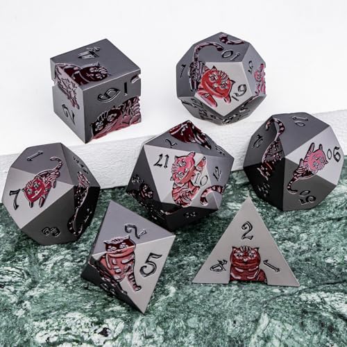 Metal DND Cat Dice 7PCS Polyhedral RPG Dice Set with Gift Case for Dungeons Dragons Role Playing Game, D and D Dice D6 D8 D10 D12 D20 D% (Grey Red) - color: Cat-grey Red