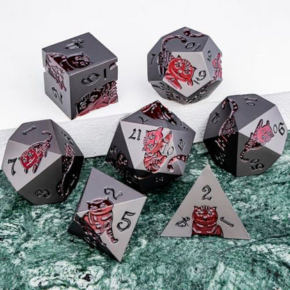 Metal DND Cat Dice 7PCS Polyhedral RPG Dice Set with Gift Case for Dungeons Dragons Role Playing Game, D and D Dice D6 D8 D10 D12 D20 D% (Grey Red) - color: Cat-grey Red