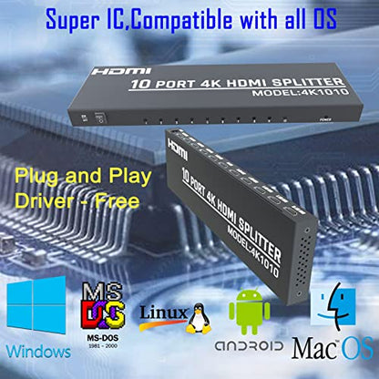 KAGO 4K 10 Port HDMI Splitter 1 in 10 Out Powered Distributor | 1x10 Mirror Display, 4K@30Hz & 3D, HDCP 1.4, Metal Housing, 12V Power Adapter