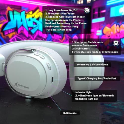 ATTACK SHARK L30Pro Wireless Gaming Headset with 2.4Ghz/BT/Wired, Long Battery Life with Detachable Microphone 7.1 Surround Sound Ultra-Low Latency for PC/PS5/Xbox/Switch/Mobile Silver - color: Sliver