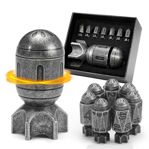 ZHOORQI Metal Bullet Dice Set with Spinning Missile for DND(Retro Silver) | Polyhedral Dice Set for TTRPGs, Dungeons and Dragons, Unique Spinning Container. Cool Dice Gifts for Gamers - color: Missile-retro Silver
