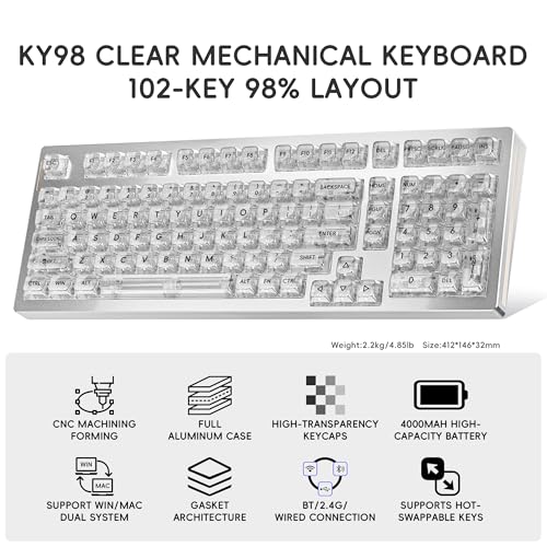 kutethy KY98 Wireless Mechanical Keyboard with Transparent Keycaps,Full Aluminum CNC,Hot-swappable,Pre-lubed Clicky Switches,Gasket Structure,RGB Backlit,BT5.0/2.4G/USB-C Wired (Silver) - color: Silver