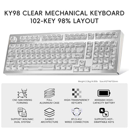 kutethy KY98 Wireless Mechanical Keyboard with Transparent Keycaps,Full Aluminum CNC,Hot-swappable,Pre-lubed Clicky Switches,Gasket Structure,RGB Backlit,BT5.0/2.4G/USB-C Wired (Silver) - color: Silver
