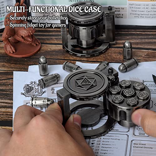 CZYY Metal Polyhedral Bullet Dice Set with Spinning Revolver Cylinder Case | Complete 7-Dice Set, Solid Metal, RPG Fidget Tool, Accessories for DND, Sci-Fi, Western & Tabletop Game Themes, Silver - color: Silver