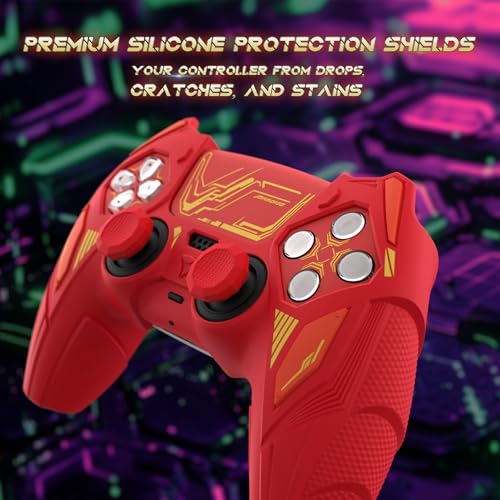 PlayVital Silicone Skin Set for PS5 Controller - Mecha Rhino Design, Anti-Slip Grip Cover Protector Compatible with Charging Dock, with Thumb Grips & Touchpad Sticker - Maple Red & Brick Red - color: Maple Red & Brick Red