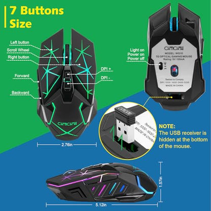 Rechargeable Wireless Gaming Mouse with Light Up, 3200 DPI for PC Computer | 7 Buttons, 4 Levels of DPI, Dynamic RGB LED, Side Buttons, 2.4G Wireless, Long Charging Wire Mouse for Laptop Desktop Win Mac