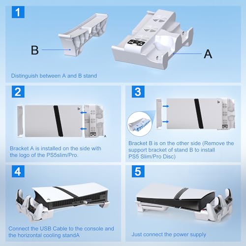STARTRC GAMES Cooling Station for PS5 Slim/Pro Horizontal Cooling Stand with Controller Charging Station for PlayStation 5 Slim/Pro Console Accessories Kit with 3 Level Cooler Fan (NOT Fit 2020 PS5)