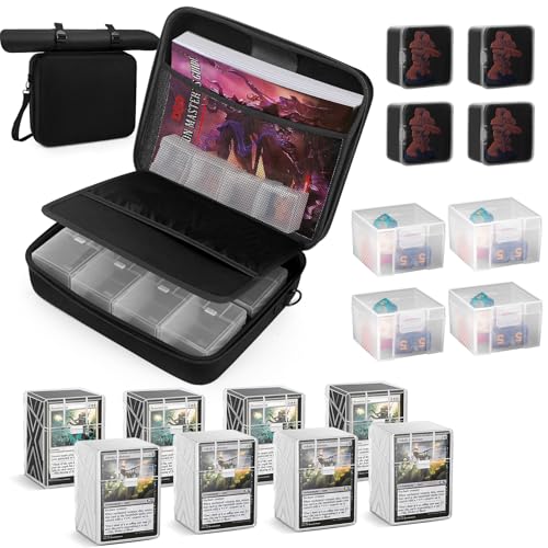 Card Deck Box with Portable Case,DnD RPG Organizer box Comes with 8 deck boxs, 4 model storage, and 4 dice storage (BLACK)