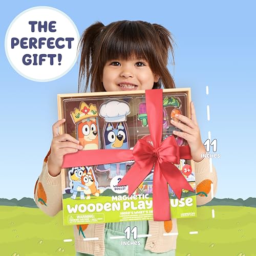 Horizon Group USA Bluey Magnetic Wooden Playhouse, 18 Piece Activity Set, Includes 2 Wooden Dolls House, Great Toys for Kids, Fun Birthday Party Activity, House Playset - color: Bluey House Playset