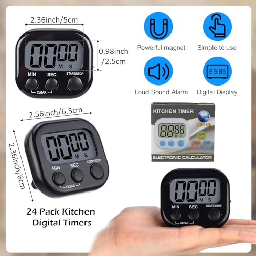 Leumoi 24 Pack Multi-Function Digital Timers with Magnetic Back, Large LCD Display, Loud Alarm, Count up & Countdown, Memory Function for Cooking, Classroom, Study, Exercise & Work(Black) - color: Black
