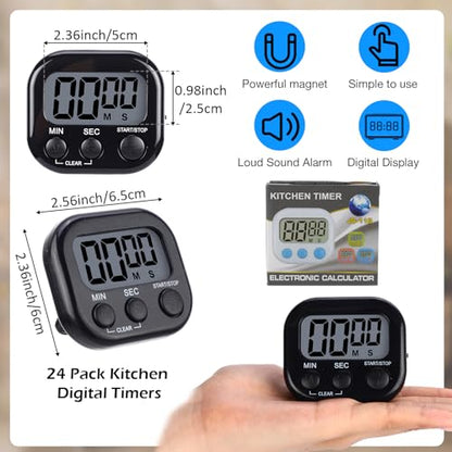 Leumoi 24 Pack Multi-Function Digital Timers with Magnetic Back, Large LCD Display, Loud Alarm, Count up & Countdown, Memory Function for Cooking, Classroom, Study, Exercise & Work(Black) - color: Black