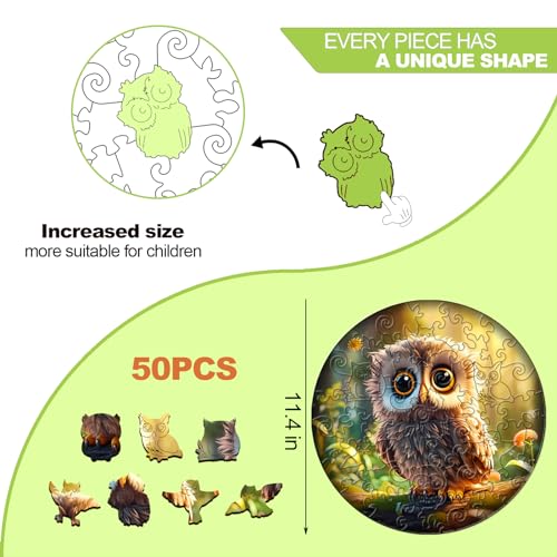 Wooden Puzzles for Kids Ages 6-8 - 50 Pieces Cute Owl Puzzle - Unique Animal Shaped Puzzles Ages 5-8 - Birthday Gift for Kids(11.4x11.4in)‌ - color: Cute Owl