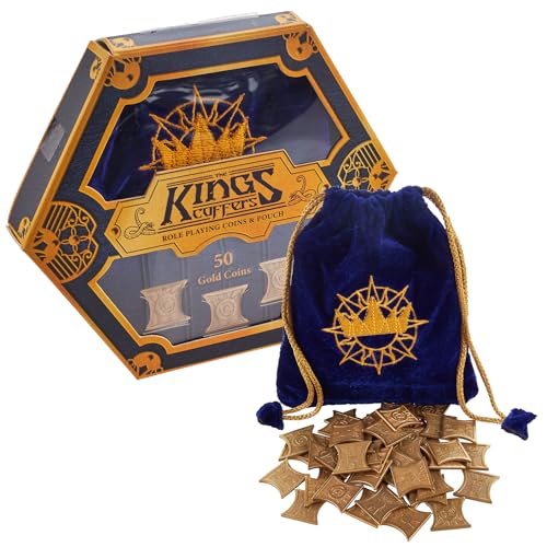 Stratagem King's Coffers 50 Gold Fantasy Coins - Real Metal Tabletop RPG Currency with Velvet Pouch - Board Game Accessories Compatible with 5E - color: Gold