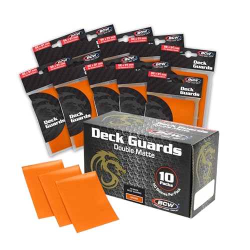 BCW Deck Guard - Double Matte Card Sleeves | 500 Count Box (10 Packs of 50 Sleeves) |Acid-Free, No PVC | Fits 2.5" x 3.5" Game Cards | Archival Safe Sleeves for Card Protection (Orange) - color: Orange