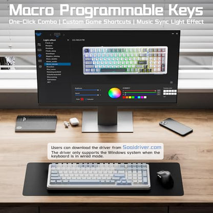 AULA F99 Wireless Silent Mechanical Keyboard, Triple-Mode 2.4GHz/BT5.0/USB-C, Pre-lubed Linear Switches,Hot Swappable Custom Keyboard, Gasket Mounted RGB Backlit, Gaming Keyboards for PC/Laptop/Tablet - color: White Blue Grey