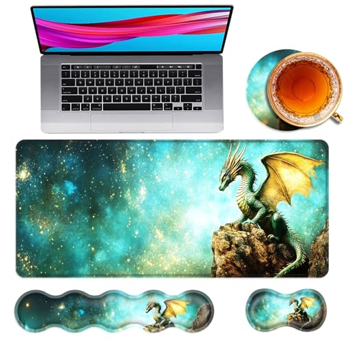 Large Mouse Pad and Keyboard Wrist Rest, Desk Pad for Keyboard and Mouse, 4-in-1 Large Gaming Mouse Pad with Wrist Support, Desk Mat for Home Office Study Game,Cute Green Dragon - color: Cute Green Dragon