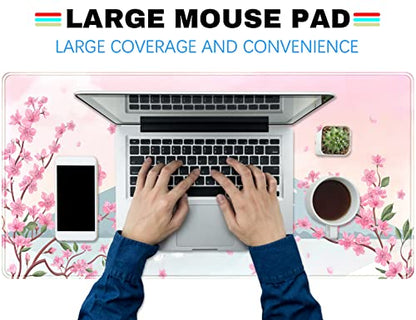 Japanese Desk Mat Pastel Pink Cherry Blossom Mouse Pad Mt Fuji Japan Large Gaming Anime Mousepad XXL 31.5x15.75 in, Kawaii Aesthetic Flower Cute Women Office Decor Computer Laptop Keyboard Mat - color: C-pastel Pink Cherry Blossom