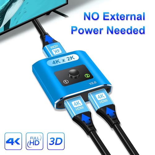 HDMI Switch Splitter 4K@60Hz, Aluminum Bi-Directional HDMI 2.0 Switcher, HDMI Splitter 1 in 2 Out/ 2 in 1 Out, Support 4K 3D HDR for Xbox, PS5/4/3, Fire Stick, Roku, HDTV, Projector, Computer (Blue) - color: Blue