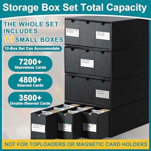 Trading Card Storage Box with Slide-Out Drawers, 12-Pack Cardboard Organizer with 60 Dividers, 200 Soft Sleeves & Labels for Collectible Card Games, MTG, TCG & Sports Cards
